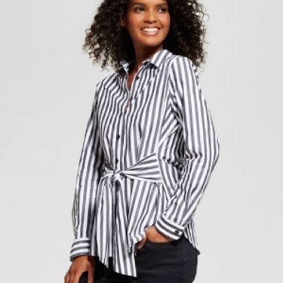 Who What Wear Tops - NWT Who What Wear Striped Tie Blouse black/white